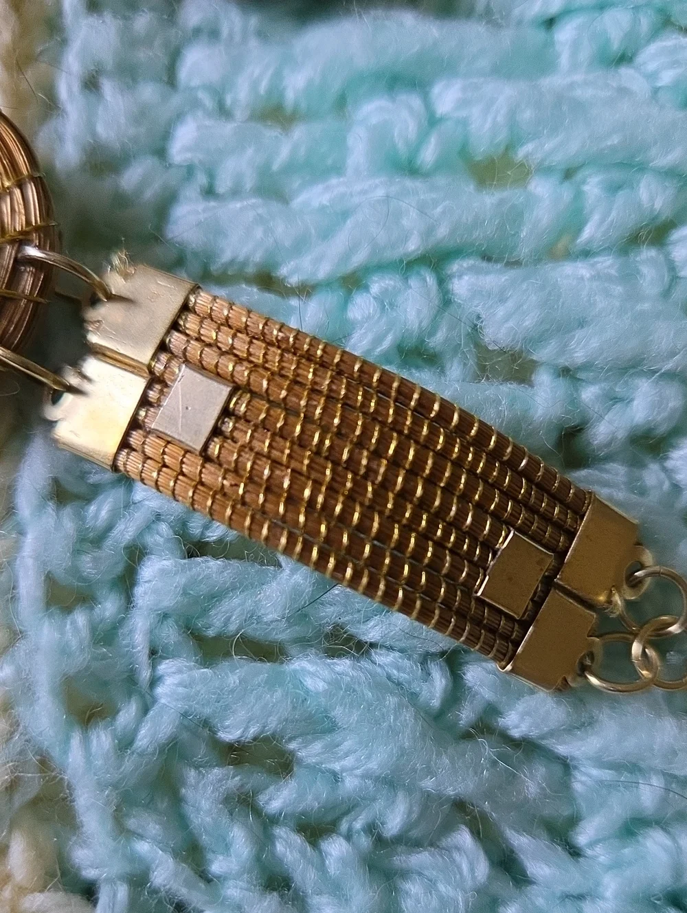 Vintage Handcrafted Golden Grass Bracelet With A Center Tiger's Eye Stone.